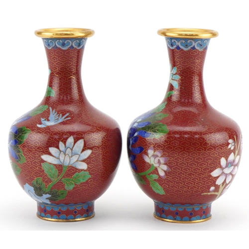 1071 - Pair of Chinese cloisonné vases enamelled with birds and flowers, 15.5cm high