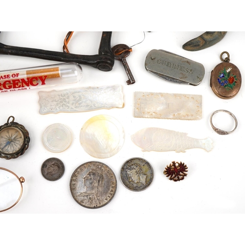 2204 - Sundry items including a bisque nude bather, bronze crab, silver and enamel military interest cap ba... 