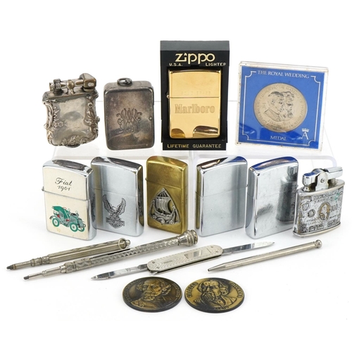 2202 - Vintage and later objects including Zippo pocket lighters and white metal propelling pencils