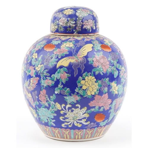 2171 - Large Chinese porcelain ginger jar and cover hand painted with butterflies amongst flowers, 32cm hig... 