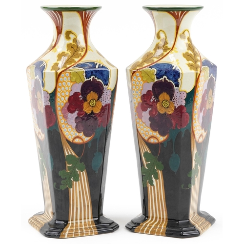 455 - Large pair of Art Nouveau Gouda floral  vases numbered 175 and Juliana Juora Gouda to the base, 45cm... 