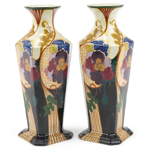 455 - Large pair of Art Nouveau Gouda floral  vases numbered 175 and Juliana Juora Gouda to the base, 45cm... 