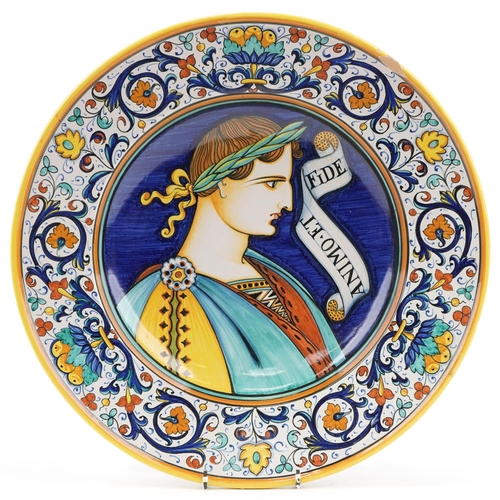 459 - Italian Deruta Arts & Crafts Pre Raphaelite wall plate hand painted with a Roman gentleman, Di Grazi... 