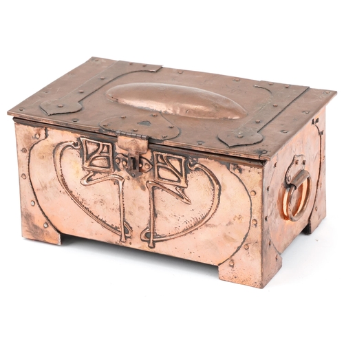 74 - Arts & Crafts copper and wooden jewellery box with red velvet interior, 14cm H x 27cm W x 18cm D