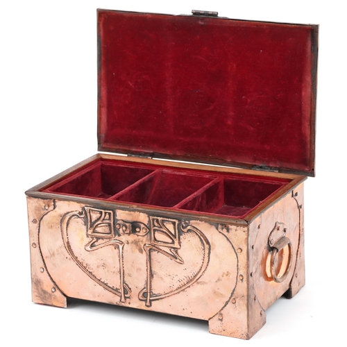 74 - Arts & Crafts copper and wooden jewellery box with red velvet interior, 14cm H x 27cm W x 18cm D