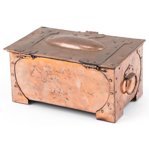 74 - Arts & Crafts copper and wooden jewellery box with red velvet interior, 14cm H x 27cm W x 18cm D