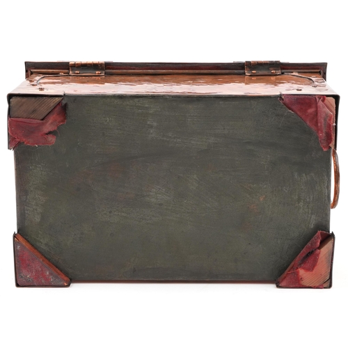 74 - Arts & Crafts copper and wooden jewellery box with red velvet interior, 14cm H x 27cm W x 18cm D