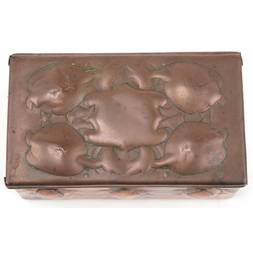 354 - Arts & Crafts copper and wooden box with stylized flowers, stamped Newlyn to base, 8cm H x 15cm W x ... 