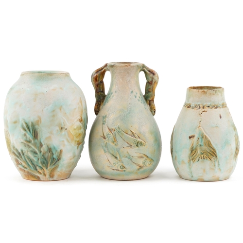 437 - Three Denby Danesby Ware fish vases including a twin handled example, the largest 25cm high