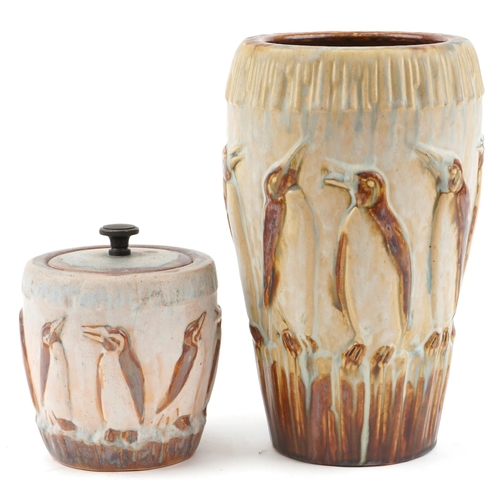 439 - Denby Danesby Ware penguin vase together with a lidded jar and cover, the largest 27cm high