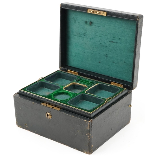 3581 - Victorian black leather jewellery box with two fitted lift out trays, 12.5cm H x 25cm W x 20cm D