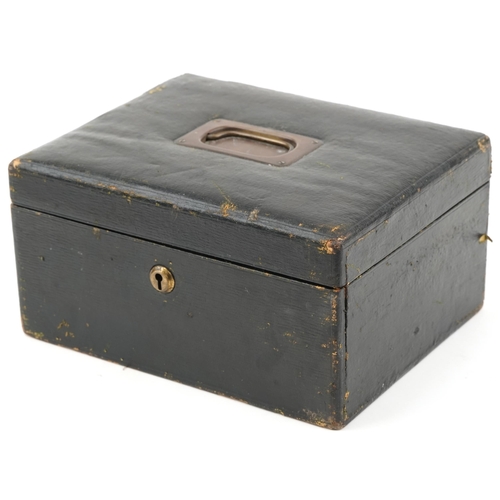 3581 - Victorian black leather jewellery box with two fitted lift out trays, 12.5cm H x 25cm W x 20cm D