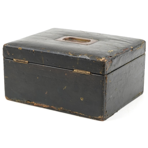 3581 - Victorian black leather jewellery box with two fitted lift out trays, 12.5cm H x 25cm W x 20cm D