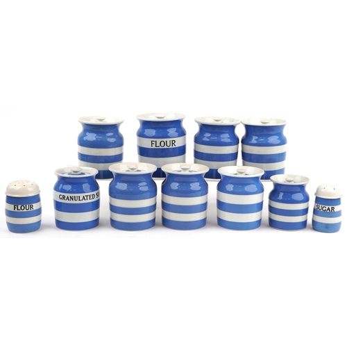 2143 - Collection of vintage T G Green blue and white Cornishware storage jars with covers and sifters, the... 