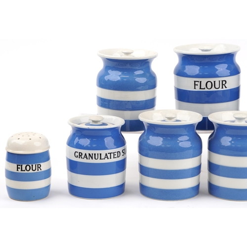 2143 - Collection of vintage T G Green blue and white Cornishware storage jars with covers and sifters, the... 