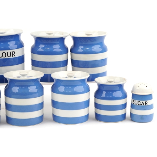 2143 - Collection of vintage T G Green blue and white Cornishware storage jars with covers and sifters, the... 