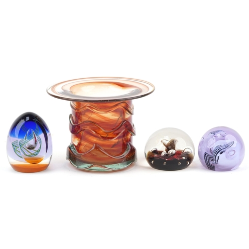 2131 - Three Caithness glass paperweights and Mdina glass vase, the largest 13cm high