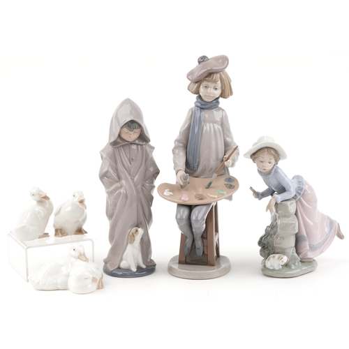 2107 - Six Nao porcelain figures, figurines and ducks, the largest 32cm high