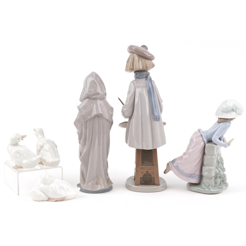 2107 - Six Nao porcelain figures, figurines and ducks, the largest 32cm high