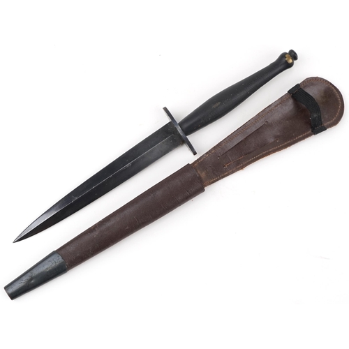 2603 - British military interest fighting knife with leather sheath, the knife 29.5cm in length