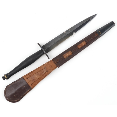 2603 - British military interest fighting knife with leather sheath, the knife 29.5cm in length