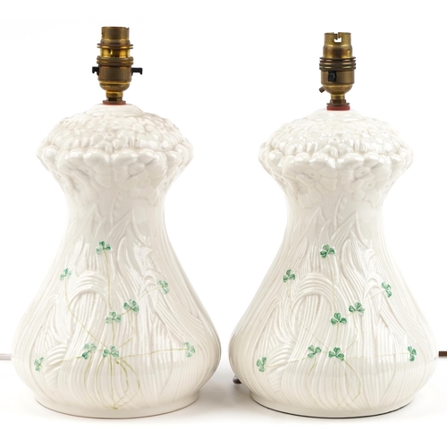 2117 - Pair of Belleek Irish porcelain table lamps, each overall 34cm high