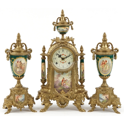 1088 - Franz Hermle, German gilt brass and porcelain clock garniture, the clock having enamelled dial with ... 