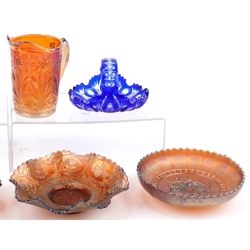 2130 - Colourful glassware including carnival glass and Bohemian blue flashed vase and basket, the largest ... 