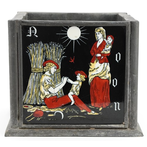 6 - Arts & Crafts metal planter inset with religious ceramic tiles and script, 23cm high