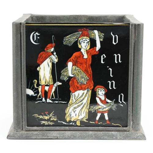 6 - Arts & Crafts metal planter inset with religious ceramic tiles and script, 23cm high