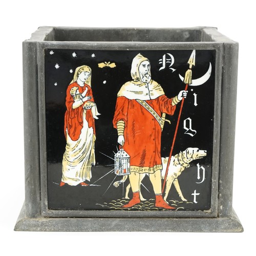 6 - Arts & Crafts metal planter inset with religious ceramic tiles and script, 23cm high