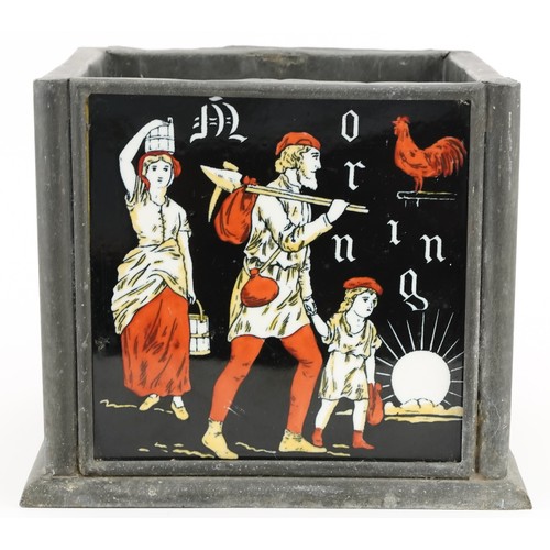 6 - Arts & Crafts metal planter inset with religious ceramic tiles and script, 23cm high