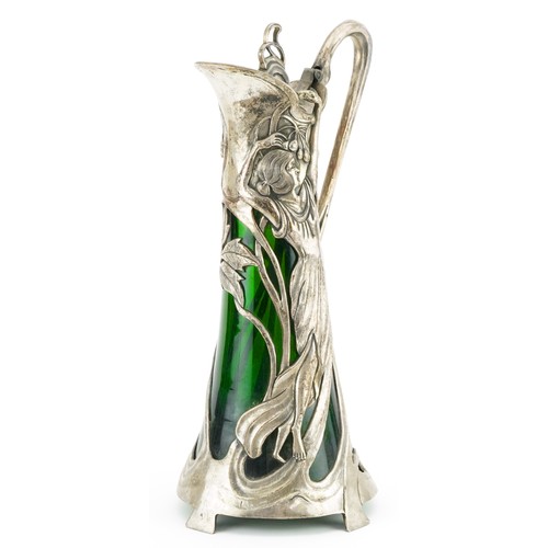 480 - WMF Art Nouveau pewter maiden claret jug, with green glass liner, 40cm high