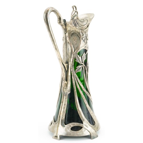 480 - WMF Art Nouveau pewter maiden claret jug, with green glass liner, 40cm high