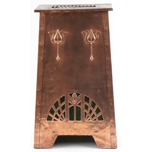 35 - Liberty style copper and green glass electric heater decorated with stylised flowers, 77cm H x 40cm ... 