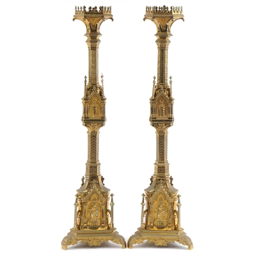 Pair of large Arts & Crafts brass Gothic ecclesiastical altar sticks, 88cm high