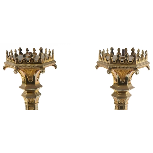 84 - Pair of large Arts & Crafts brass Gothic ecclesiastical altar sticks, 88cm high