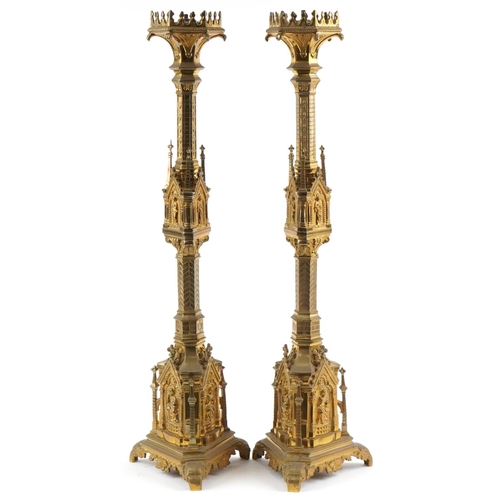 84 - Pair of large Arts & Crafts brass Gothic ecclesiastical altar sticks, 88cm high