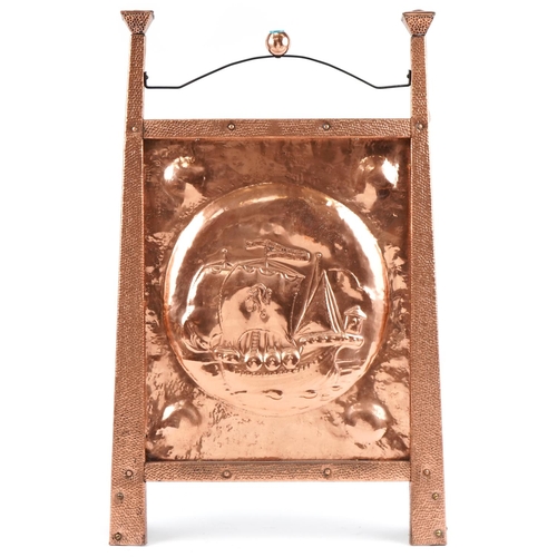 257 - Arts & Crafts copper and wrought fire screen decorated with a Galleon, 82cm x 49cm