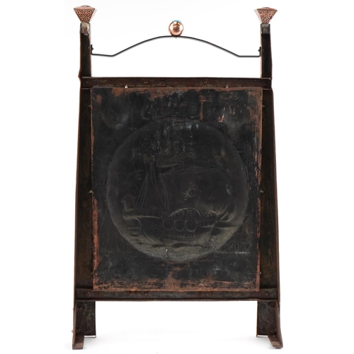 257 - Arts & Crafts copper and wrought fire screen decorated with a Galleon, 82cm x 49cm