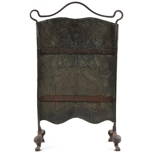 9 - Arts & Crafts copper and wrought iron fire screen inset with a Ruskin panel, probably retailed at Li... 