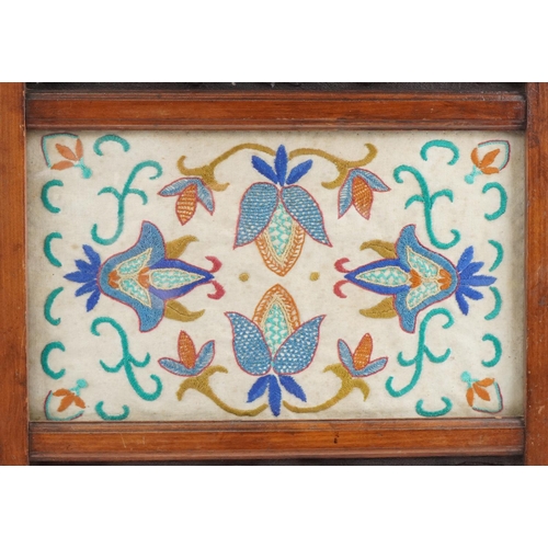 170 - Arts & Crafts carved oak and tapestry fire screen carved with flowers, 80cm x 50cm