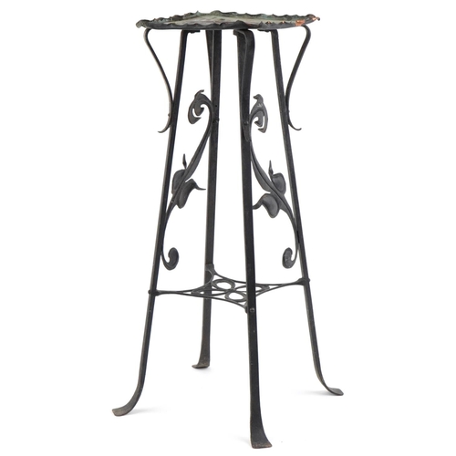 141 - Arts & Crafts wrought iron copper topped  plant stand with copper panel floral panels and under tier... 