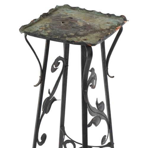 141 - Arts & Crafts wrought iron copper topped  plant stand with copper panel floral panels and under tier... 