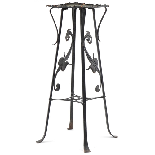 141 - Arts & Crafts wrought iron copper topped  plant stand with copper panel floral panels and under tier... 