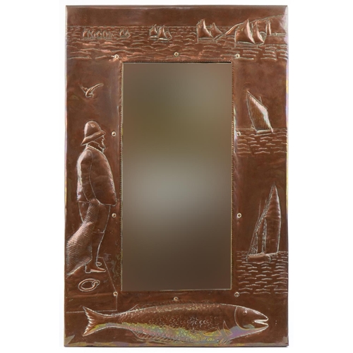 339 - Large Newlyn Arts & Crafts copper mirror decorated with fishermen, fish and luggers, 76cm x 48cm