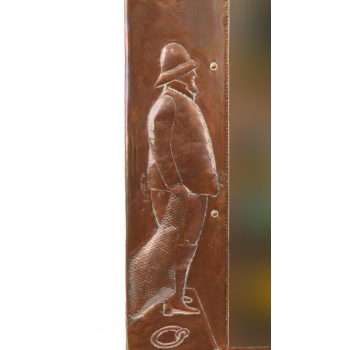 339 - Large Newlyn Arts & Crafts copper mirror decorated with fishermen, fish and luggers, 76cm x 48cm