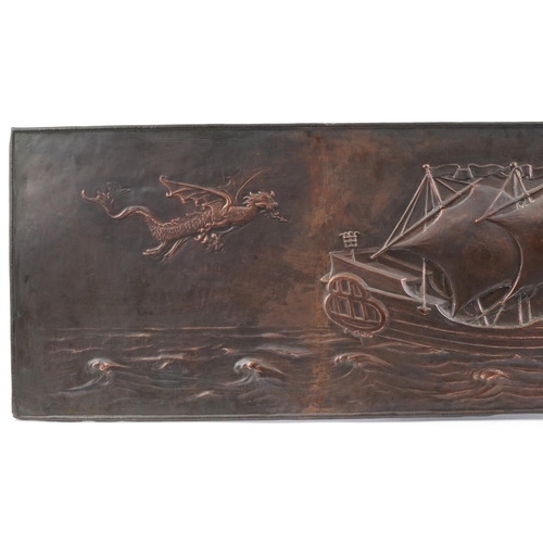 256 - Large Arts & Crafts copper wall hanging panel of a Chinese junk in full sail being chased by a drago... 