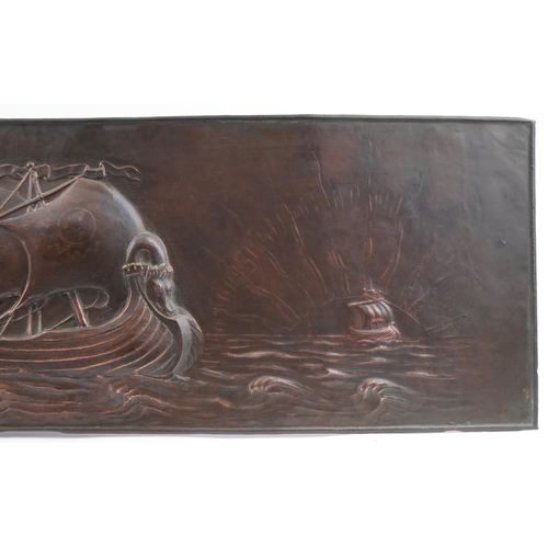 256 - Large Arts & Crafts copper wall hanging panel of a Chinese junk in full sail being chased by a drago... 