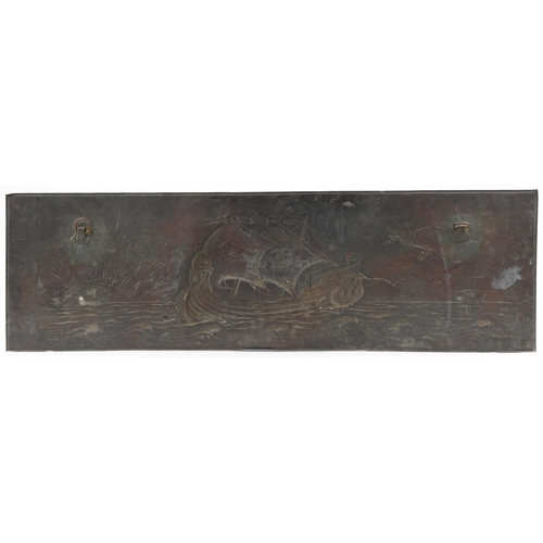 256 - Large Arts & Crafts copper wall hanging panel of a Chinese junk in full sail being chased by a drago... 